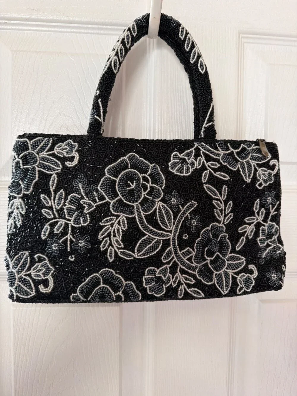 Vintage Black White Beaded Floral Evening Bag Top Handle Cocktail Purse - Picture 2 of 13